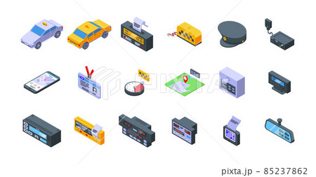 Taximeter icons set isometric vector. Auto trip 85237862