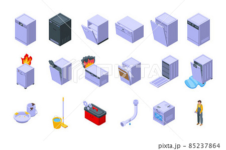 Repair dishwasher icons set isometric vector. Heating plumber 85237864