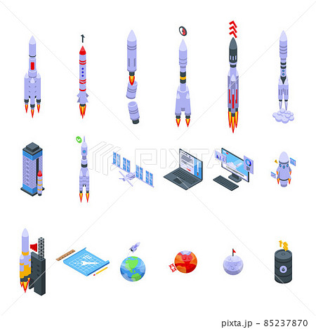 Spacecraft launch icons set isometric vector. Rocket ship 85237870