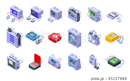Defibrillator icons set isometric vector. Aid ambulance 85237888