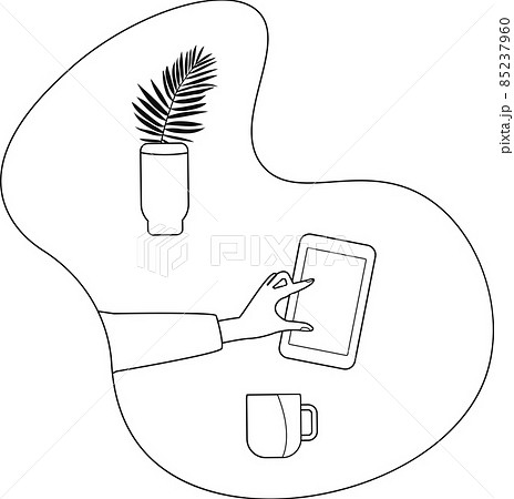 The hand is holding a smartphone. Black and white illustration in simple style or hand drawing. A vase of flowers, a cup of coffee. Technique of the present. 85237960