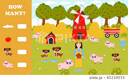 Counting game for kids with farm animals - pigs, farmer girl gathering apples in apple tree garden, dogs and doghouse 85239553
