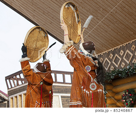 Folk ensemble performance in dress of indigenous people of Kamchatka. 85240867