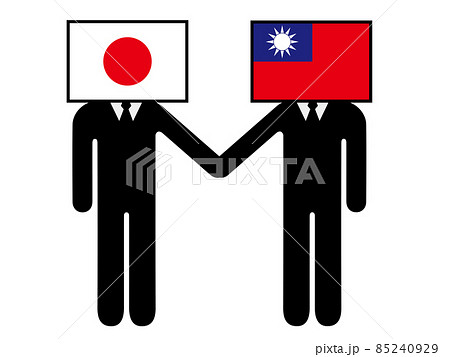日本と台湾が握手した国旗を擬人化キャラクター化した人のピクトグラム　シンボル　グラフィック素材