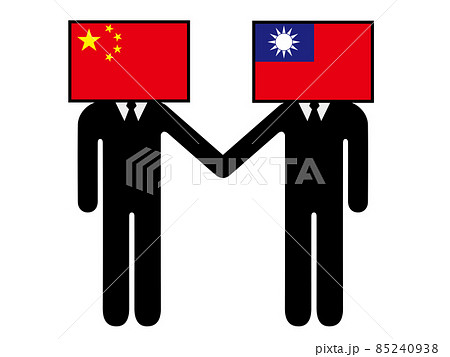 中国と台湾が握手した国旗を擬人化キャラクター化した人のピクトグラム　シンボル　グラフィック素材