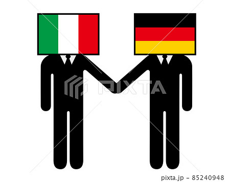 イタリアとドイツが握手した国旗を擬人化キャラクター化した人のピクトグラム　シンボル　グラフィック素材 85240948