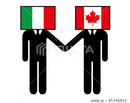 イタリアとカナダが握手した国旗を擬人化キャラクター化した人のピクトグラム　シンボル　グラフィック素