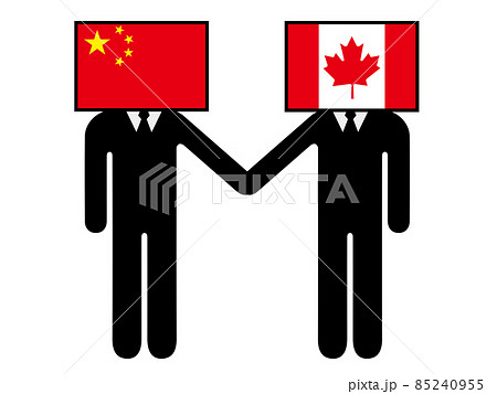 中国とカナダが握手した国旗を擬人化キャラクター化した人のピクトグラム　シンボル　グラフィック素材