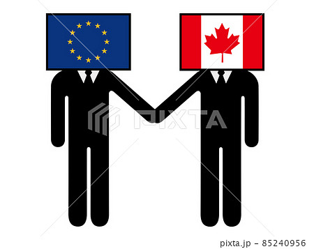ユーロとカナダが握手した国旗を擬人化キャラクター化した人のピクトグラム　シンボル　グラフィック素材