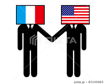フランスとアメリカが握手した国旗を擬人化キャラクター化した人のピクトグラム　シンボル　グラフィック素