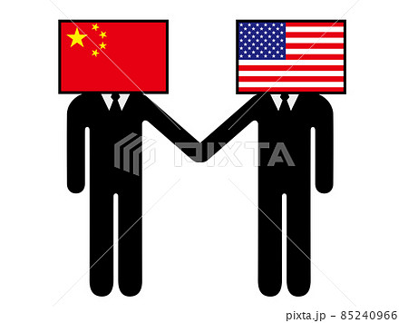 中国とアメリカが握手した国旗を擬人化キャラクター化した人のピクトグラム　シンボル　グラフィック素材 85240966
