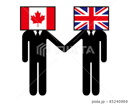 カナダとイギリスが握手した国旗を擬人化キャラクター化した人のピクトグラム　シンボル　グラフィック素材