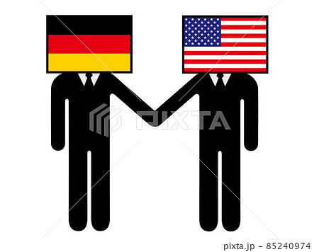 ドイツとアメリカが握手した国旗を擬人化キャラクター化した人のピクトグラム シンボル グラフィック素材のイラスト素材