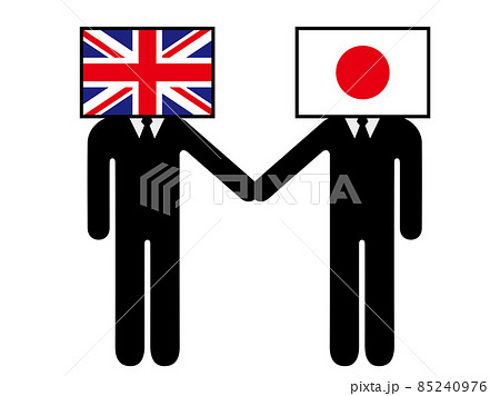 日本とイギリスが握手した国旗を擬人化キャラクター化した人のピクトグラム　シンボル　グラフィック素材