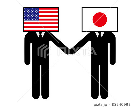 日本とアメリカが握手した国旗を擬人化キャラクター化した人のピクトグラム　シンボル　グラフィック素材