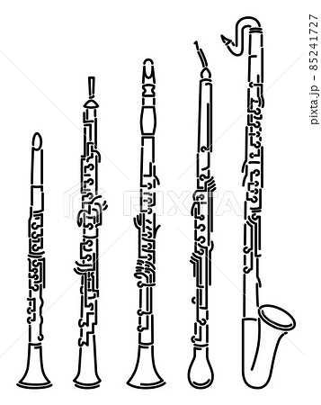 Set of simple images different types of woodwind instrument (clarinets, oboe and horn) drawn by lines. 85241727