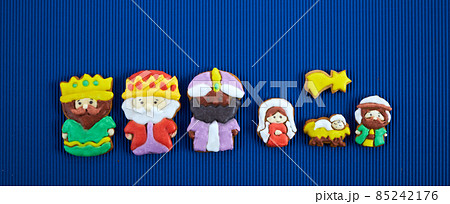 Happy Epiiphany day. Homemade cookies in the shape of the three wise men and Holy family. Happy Epiiphany day. Homemade cookies in the shape of the three wise men and Holy family. 85242176