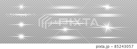 White light lines. Horizontal lens flares collection. Abstract glowing lines set. Shiny beams on transparent backdrop. Futuristic energy flashes. Vector illustration 85243057