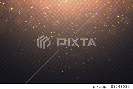Glitter gold background. Bright shiny particles. Magic powder effect. Festive golden dust. Light sparks for greeting card or poster. Glowing rain texture. Vector illustration 85243059