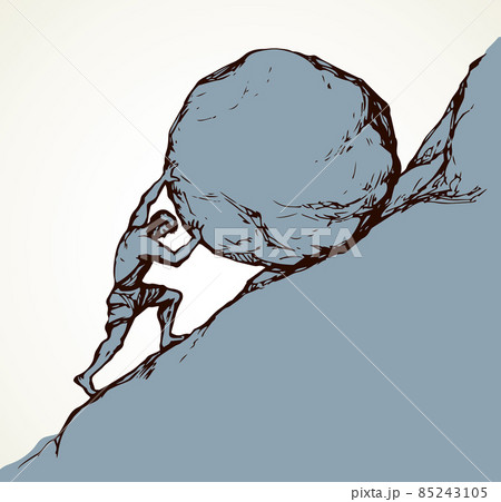 A man rolls a stone up the hill. Vector drawing 85243105