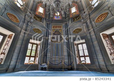 Interior of Nuruosmaniye Mosque showing the Niche (Mihrab), marble wall and stained glass windows, an Ottoman Baroque style mosque, Shemberlitash, Fatih, Istanbul, Turkey Interior of Nuruosmaniye Mosque showing the Niche (Mihrab), marble wall and stained glass windows, an Ottoman Baroque style mosque, Shemberlitash, Fatih, Istanbul, Turkey 85243341