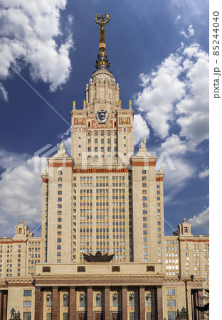 The Main building of Lomonosov Moscow State University on Sparrow Hills (on the background of the sky with clouds). It is the highest-ranking Russian educational institution. Russia 85244040