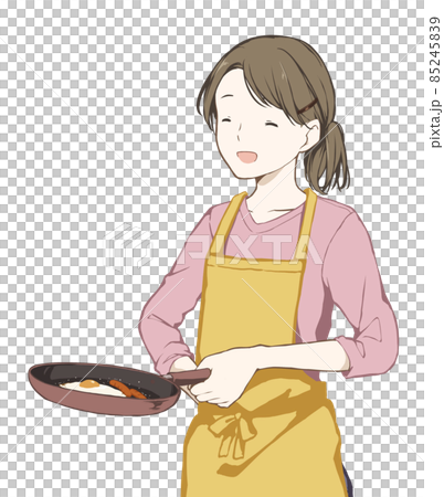 フライパンで料理をする女性(にっこり笑顔) フライパンで料理をする女性(にっこり笑顔) 85245839
