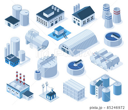 Isometric industrial factory buildings, warehouse, water purification system. Plant buildings, factories with tanks, pipes, crane vector illustration set. Industrial objects 85246972