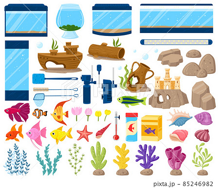 Cartoon aquarium equipment, fish, seaweeds and stones. Underwater pet fishes, plants and aquarium decorations vector illustration set. Water aquaria equipment 85246982