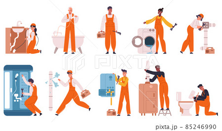 Plumbers fixing leakage, repairing pipes and heating system. Home repair masters, plumber characters fixing heating pipes vector illustration set. Plumbing fixing scenes 85246990