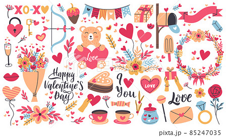 Romantic valentines day stickers, heart shape and love letter. Valentines day elements, sweets, flowers and gifts vector illustration set. Cute romantic holiday stickers Romantic valentines day stickers, heart shape and love letter. Valentines day elements, sweets, flowers and gifts vector illustration set. Cute romantic holiday stickers 85247035