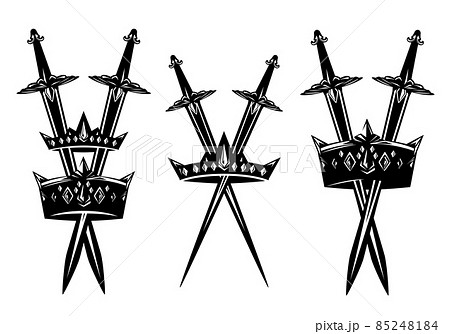 black and white vector design of king and queen coat of arms with crowns and swords black and white vector design of king and queen coat of arms with crowns and swords 85248184