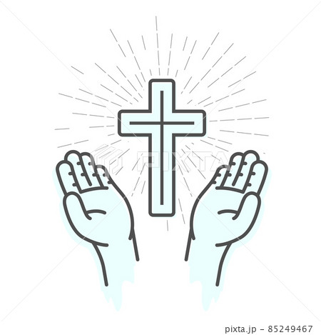 Crucifix and hands, prayer, symbol of Christianity,  Jesus Christ holy cross worship, vector 85249467