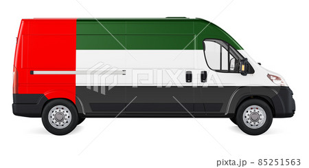 The United Arab Emirates flag painted on commercial delivery van. Freight delivery in the UAE, concept. 3D rendering The United Arab Emirates flag painted on commercial delivery van. Freight delivery in the UAE, concept. 3D rendering 85251563