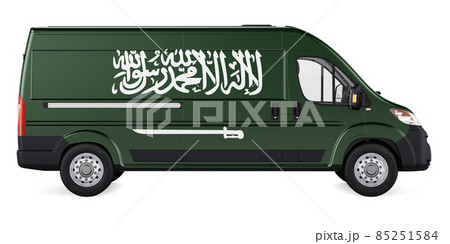 Saudi Arabian flag painted on commercial delivery van. Freight delivery in Saudi Arabia, concept. 3D rendering 85251584