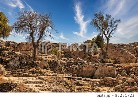 Ancient stone ruins in fortress Angelocastro, Corfu, Greece. 85251723