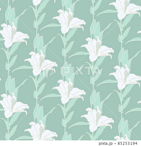 Floral seamless pattern of white and mint green color lily flowers with silver outline. Decorative print for wallpaper, wrapping, textile, fashion fabric or other printable covers. Floral seamless pattern of white and mint green color lily flowers with silver outline. Decorative print for wallpaper, wrapping, textile, fashion fabric or other printable covers. 85253194