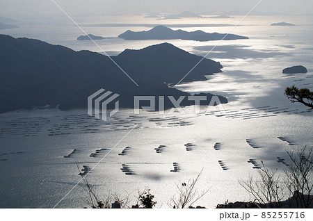 牡蠣筏の広がる晩秋の瀬戸の島々の景色 85255716