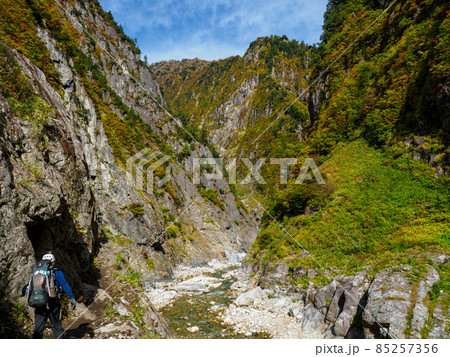 北アルプス黒部峡谷下の廊下の秋の風景 85257356