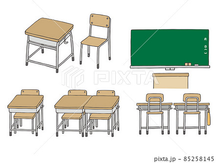 学校 教室の机と黒板の手描きイラストセット カラー のイラスト素材