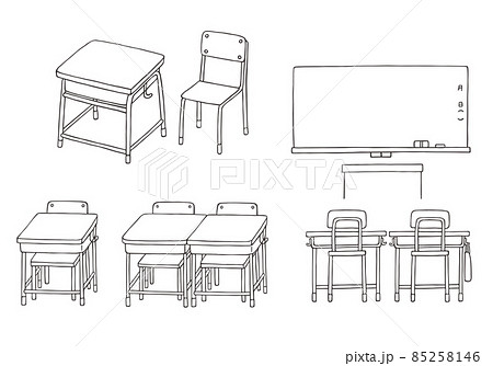 学校 教室の机と黒板の手描きイラストセット モノクロ のイラスト素材