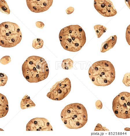 Seamless pattern with watercolor biscuits with chocolate. Hand drawn baked food on white background. Backdrop of cookies for menu, packaging and greeting card. 85258844