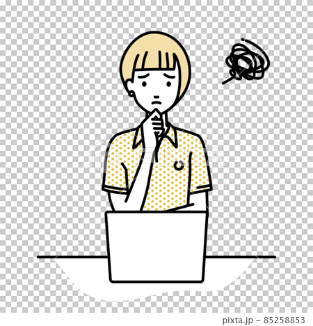 A woman in a polo shirt sitting at a desk and opening her PC A woman in a polo shirt sitting at a desk and opening her PC 85258853