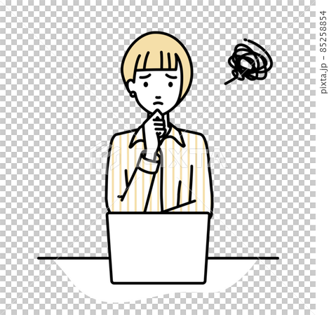 A woman in a blouse sitting at a desk and opening her PC A woman in a blouse sitting at a desk and opening her PC 85258854