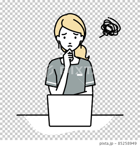 A woman who is a beauty salon clerk who is in trouble sitting at a desk and opening a PC A woman who is a beauty salon clerk who is in trouble sitting at a desk and opening a PC 85258949