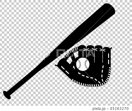 野球道具 バット グローブ ボール 白黒シルエットのイラスト素材