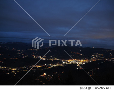 Night panorama from Madonna della Guardia votive offering sanctuary on Genoa mountain hill 85265381