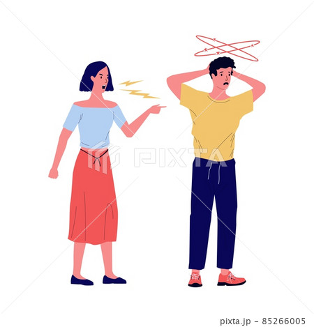 Girl yells at boy. Couple quarrels. Woman screams at boyfriend. Stressed man ignores girlfriend. Communication problem. Divorce and relationship conflict. Vector aggressive conversation Girl yells at boy. Couple quarrels. Woman screams at boyfriend. Stressed man ignores girlfriend. Communication problem. Divorce and relationship conflict. Vector aggressive conversation 85266005