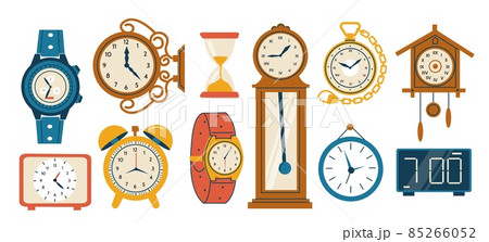Doodle watch. Cartoon analog and modern timepieces. Digital wristwatch and interior chronometers. Retro alarm clock and hourglass. Dial with arrows. Vector time measure instruments set Doodle watch. Cartoon analog and modern timepieces. Digital wristwatch and interior chronometers. Retro alarm clock and hourglass. Dial with arrows. Vector time measure instruments set 85266052