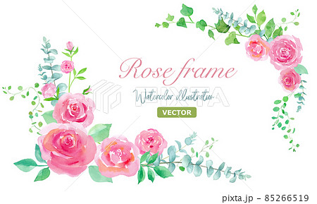 ピンクの薔薇とユーカリなどのグリーンリーフの装飾フレーム。水彩イラスト（ベクター。レイアウト変更可） 85266519